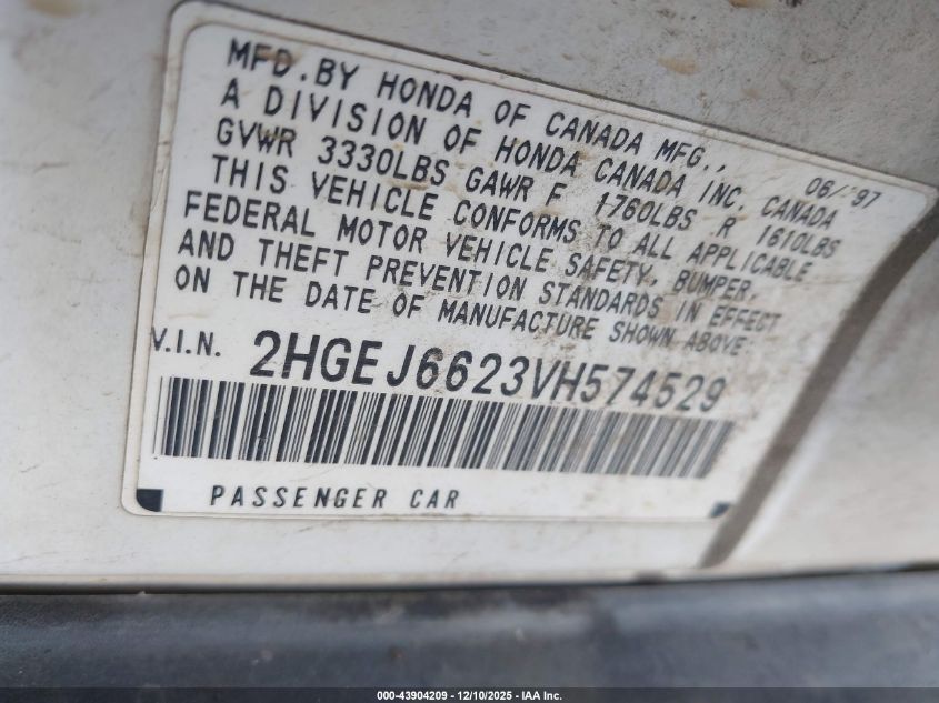 1997 Honda Civic Dx VIN: 2HGEJ6623VH574529 Lot: 43904209