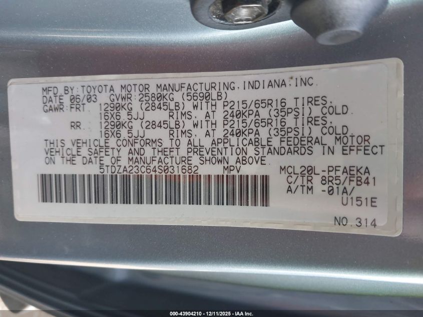 2004 Toyota Sienna Le VIN: 5TDZA23C64S031682 Lot: 43904210