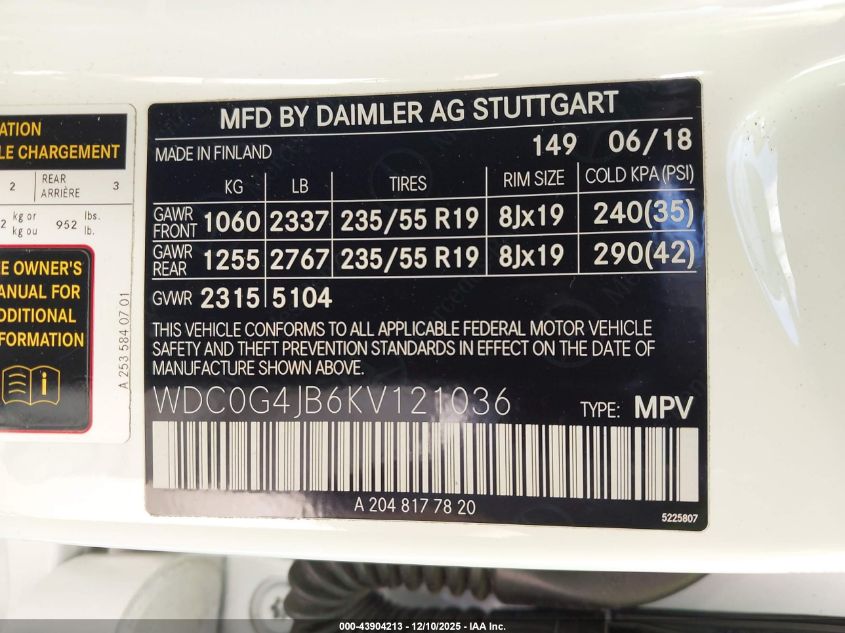 2019 Mercedes-Benz Glc 300 VIN: WDC0G4JB6KV121036 Lot: 43904213