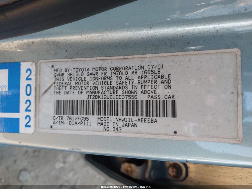 2001 Toyota Prius Base (Ecvt) VIN: JT2BK12U610037556 Lot: 43904220