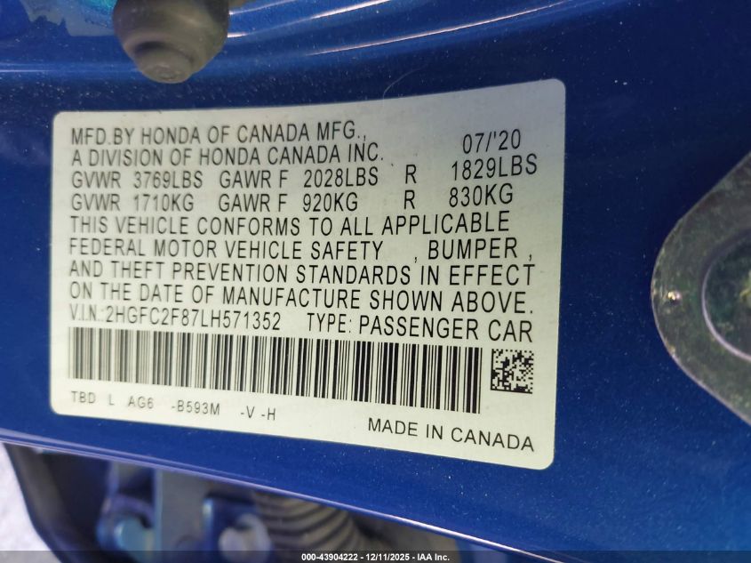 2020 Honda Civic Sport VIN: 2HGFC2F87LH571352 Lot: 43904222
