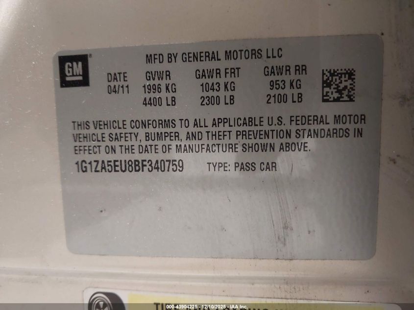 2011 Chevrolet Malibu Ls VIN: 1G1ZA5EU8BF340759 Lot: 43904225