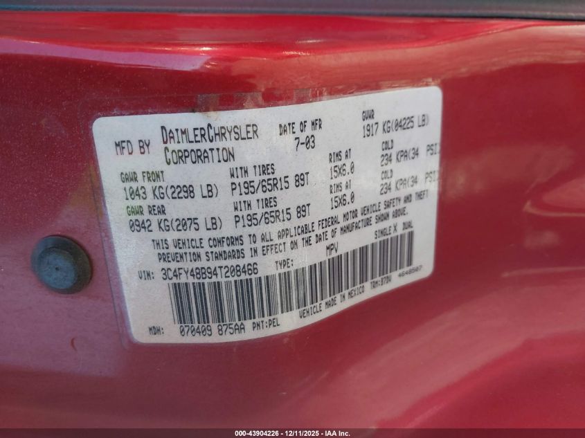 2004 Chrysler Pt Cruiser VIN: 3C4FY48B94T208466 Lot: 43904226