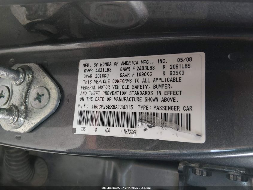 2008 Honda Accord Sdn 2.4 Ex-L/Ex-L VIN: 1HGCP258X8A134315 Lot: 43904227