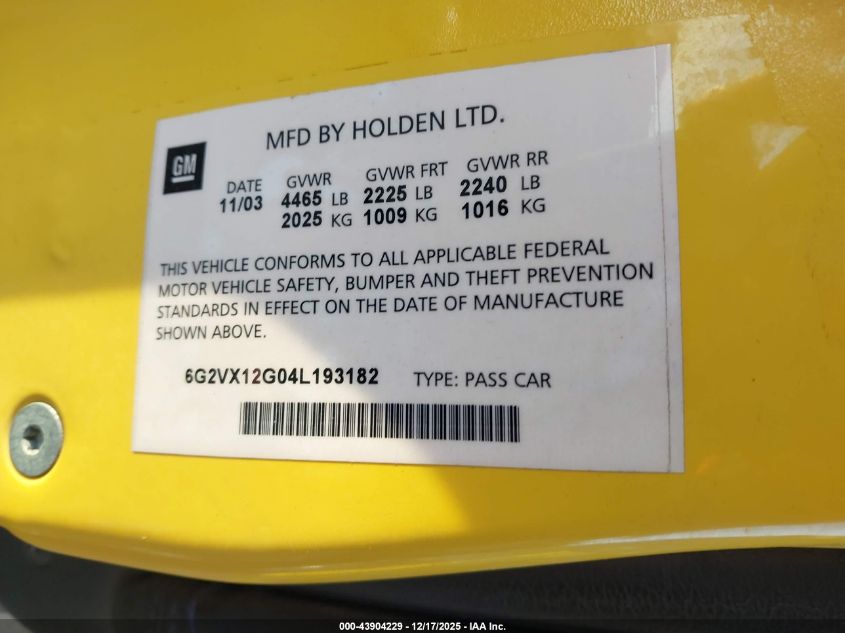 2004 Pontiac Gto VIN: 6G2VX12G04L193182 Lot: 43904229