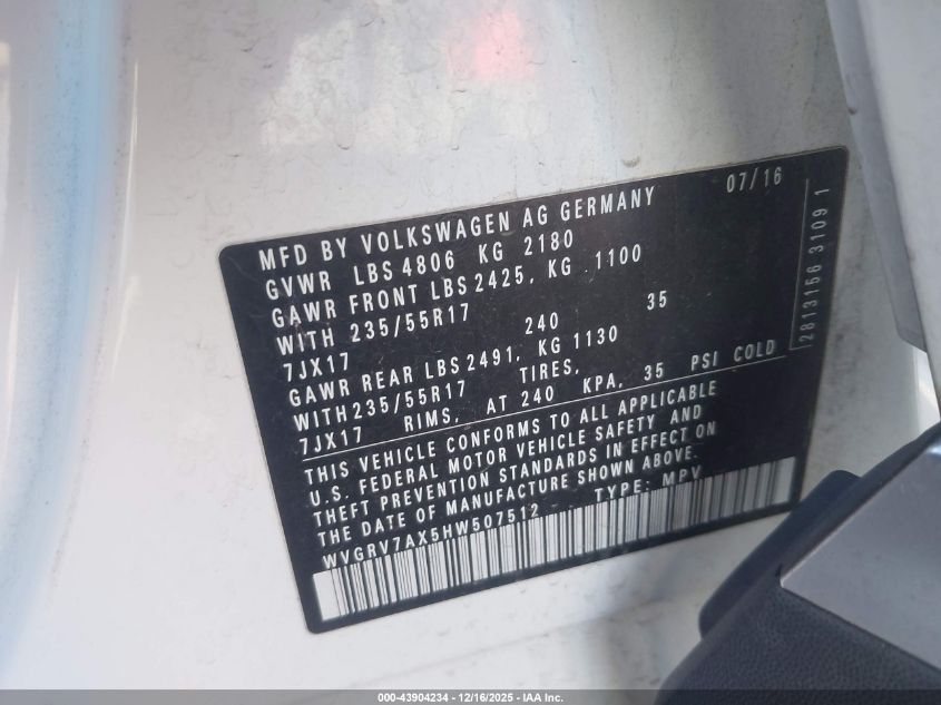 2017 Volkswagen Tiguan 2.0T Wolfsburg Edition VIN: WVGRV7AX5HW507512 Lot: 43904234