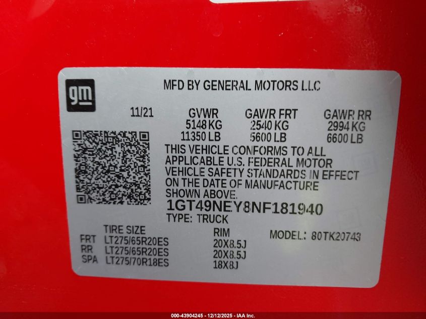 2022 GMC Sierra 2500Hd 4Wd Standard Bed Slt VIN: 1GT49NEY8NF181940 Lot: 43904245