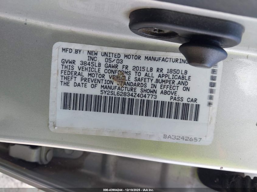 2004 Pontiac Vibe VIN: 5Y2SL62834Z404773 Lot: 43904244