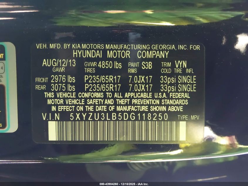 2013 Hyundai Santa Fe Sport VIN: 5XYZU3LB5DG118250 Lot: 43904260