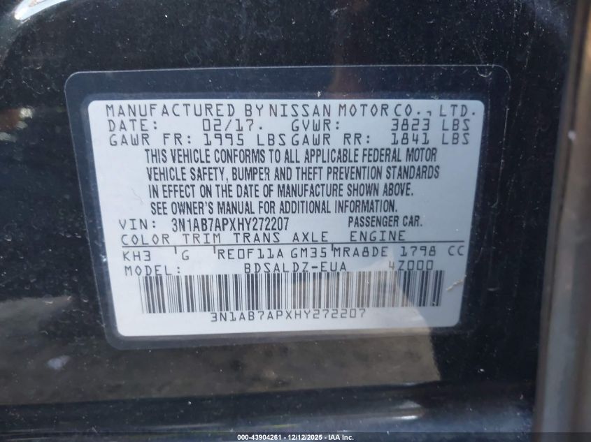 2017 Nissan Sentra Sv VIN: 3N1AB7APXHY272207 Lot: 43904261