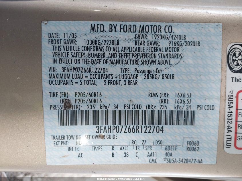 2006 Ford Fusion Se VIN: 3FAHP07Z66R122704 Lot: 43904266