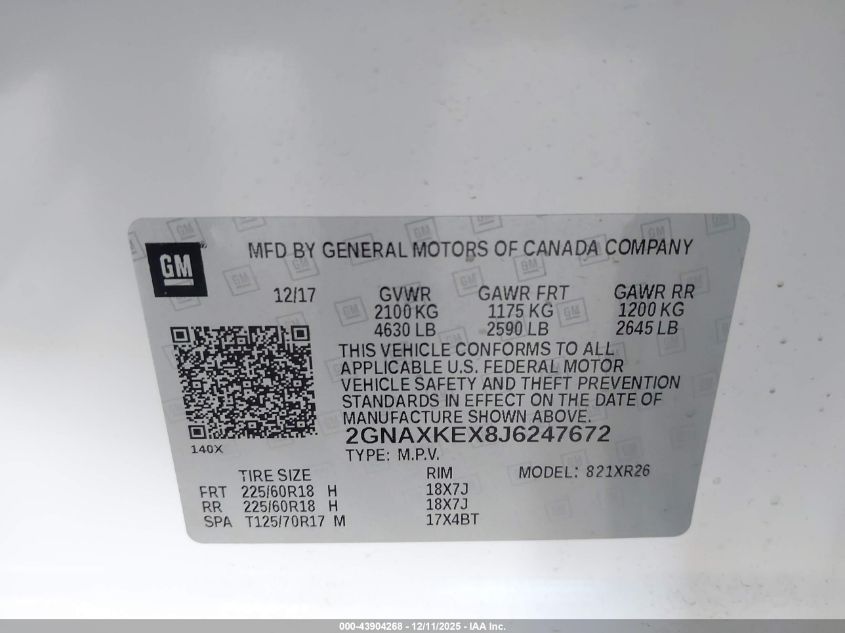 2018 Chevrolet Equinox Lt VIN: 2GNAXKEX8J6247672 Lot: 43904268