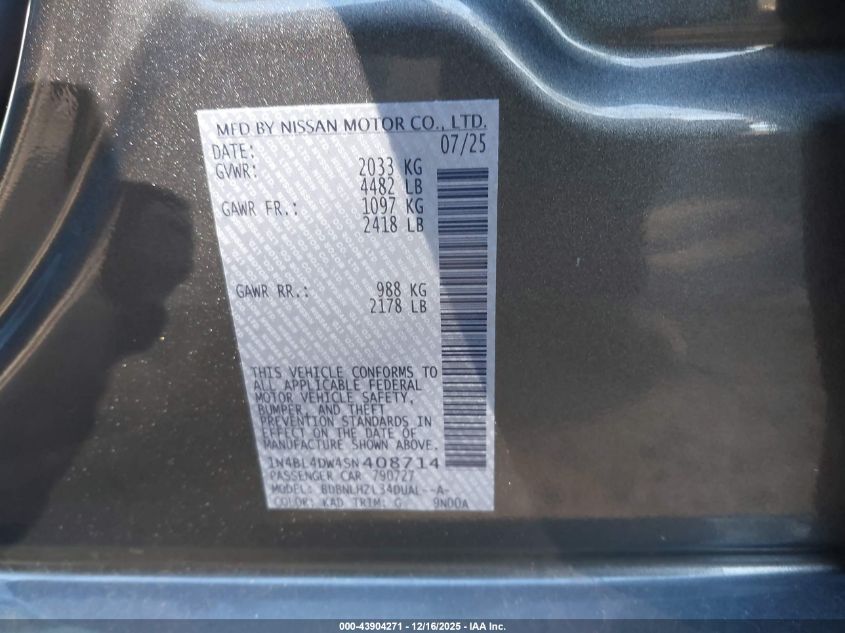 2025 Nissan Altima Sv Awd VIN: 1N4BL4DW4SN408714 Lot: 43904271