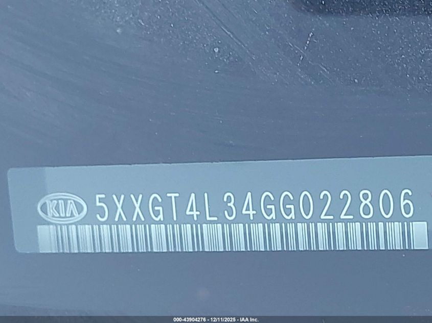 2016 Kia Optima Lx VIN: 5XXGT4L34GG022806 Lot: 43904276
