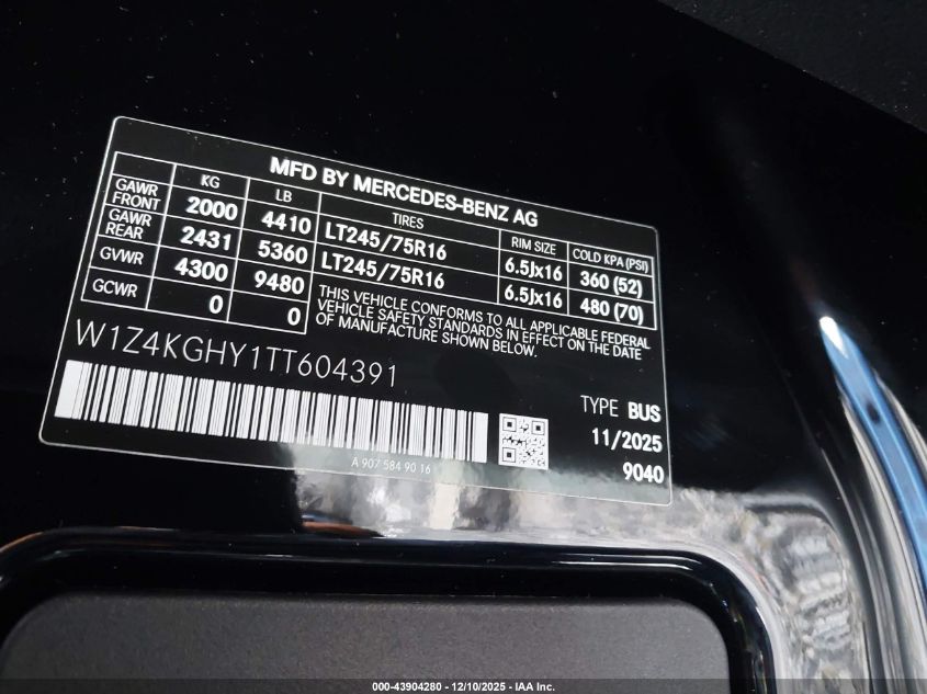 2026 Mercedes-Benz Sprinter VIN: W1Z4KGHY1TT604391 Lot: 43904280