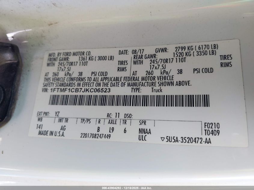 2018 Ford F-150 Xl VIN: 1FTMF1CB7JKC06523 Lot: 43904292