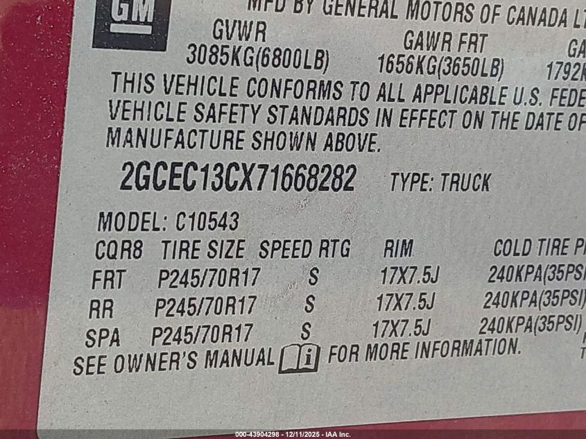 2007 Chevrolet Silverado 1500 Lt1 VIN: 2GCEC13CX71668282 Lot: 43904298