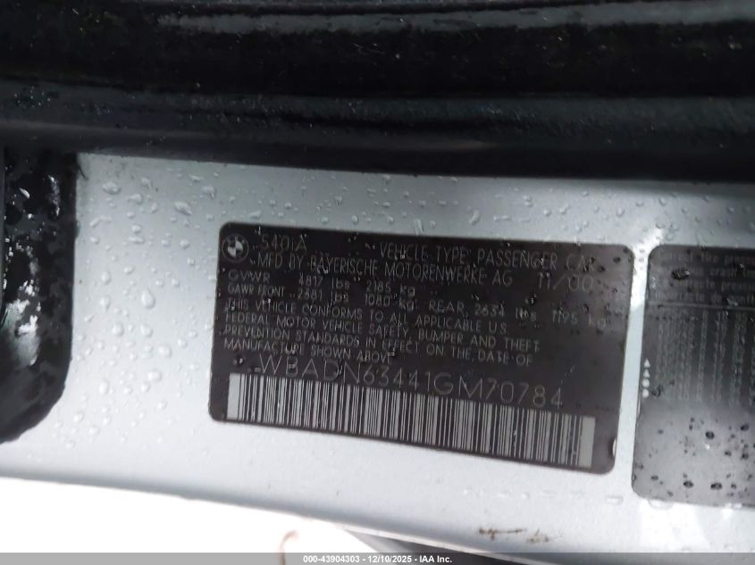 2001 BMW 540Ia VIN: WBADN63441GM70784 Lot: 43904303