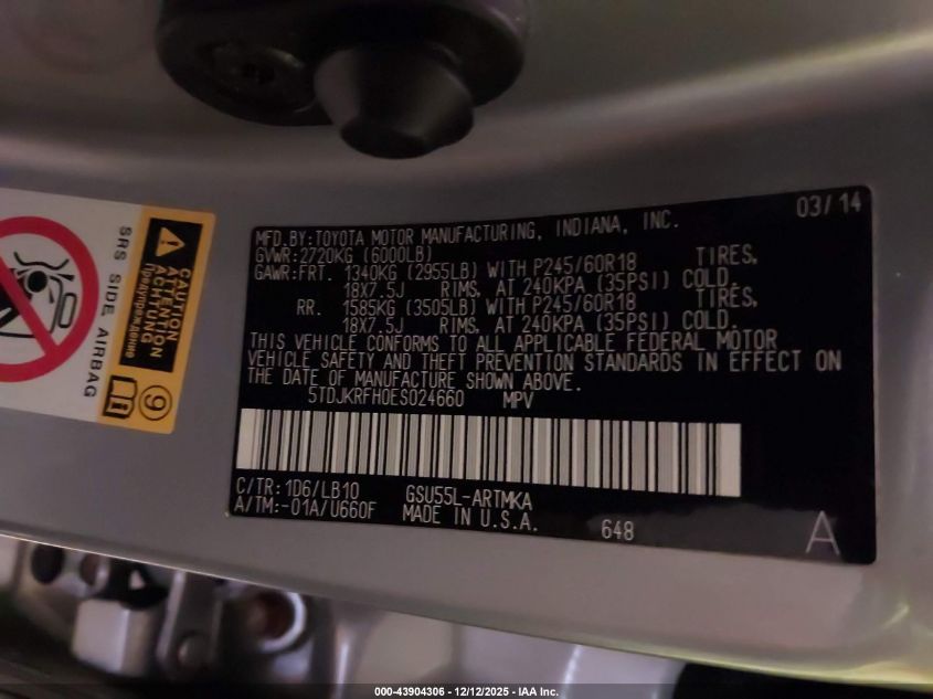 2014 Toyota Highlander Xle V6 VIN: 5TDJKRFH0ES024660 Lot: 43904306