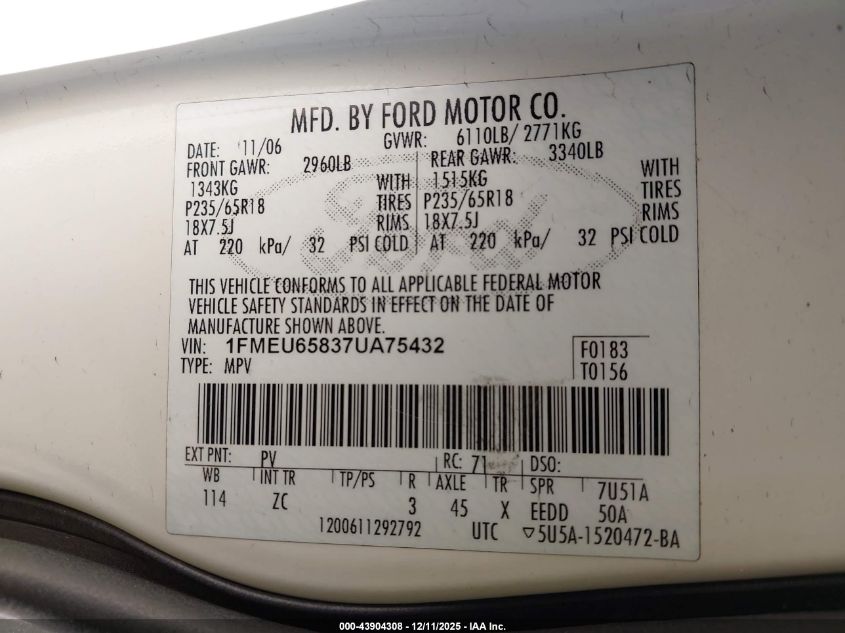 2007 Ford Explorer Limited VIN: 1FMEU65837UA75432 Lot: 43904308