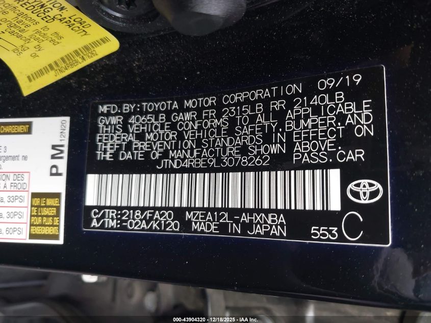 2020 Toyota Corolla Se Nightshade Edition VIN: JTND4RBE9L3078262 Lot: 43904320