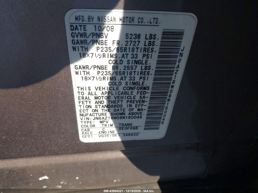2009 Nissan Murano Sl VIN: JN8AZ18W09W160046 Lot: 43904321