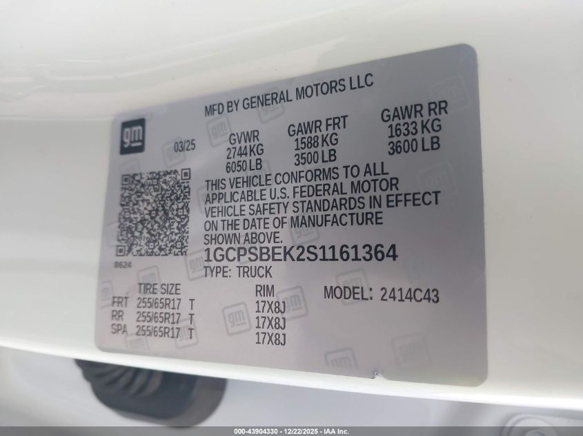 2025 Chevrolet Colorado 2Wd Wt VIN: 1GCPSBEK2S1161364 Lot: 43904330