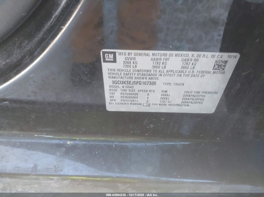 2015 Chevrolet Silverado 1500 2Lz VIN: 3GCUKSEJ5FG167306 Lot: 43904338