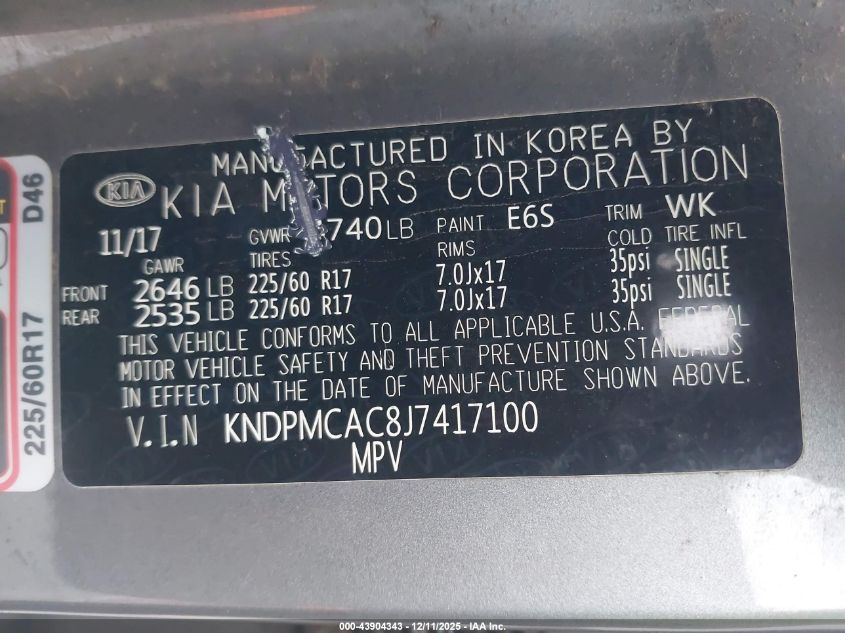 2018 Kia Sportage Lx VIN: KNDPMCAC8J7417100 Lot: 43904343