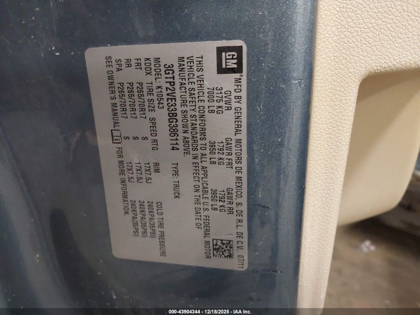 2011 GMC Sierra 1500 Sle VIN: 3GTP2VE33BG386114 Lot: 43904344