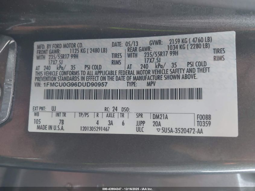 2013 Ford Escape Se VIN: 1FMCU0G96DUD90957 Lot: 43904347