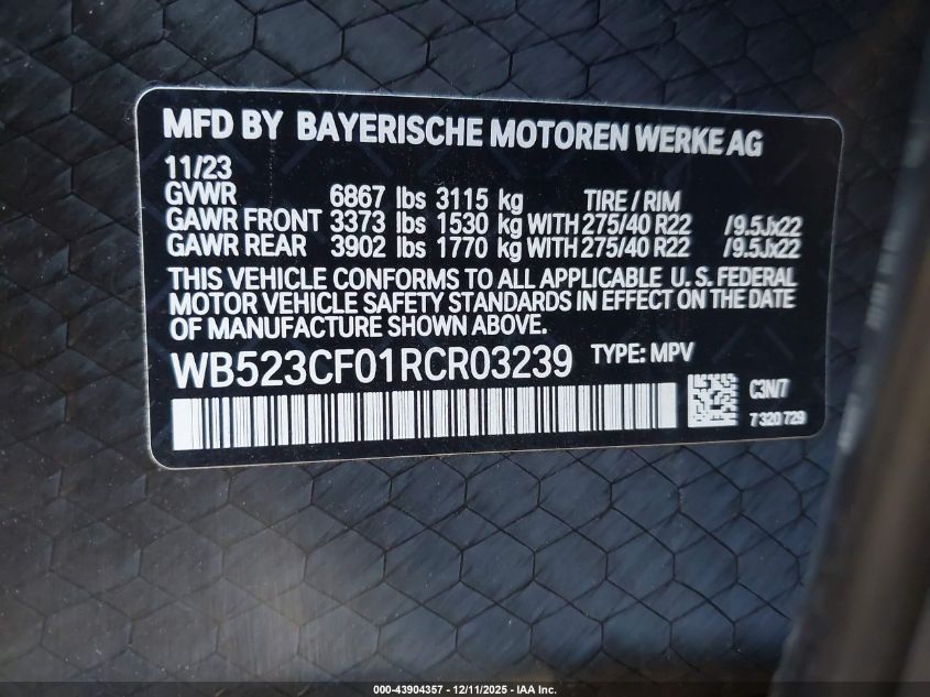 2024 BMW Ix xDrive50 VIN: WB523CF01RCR03239 Lot: 43904357