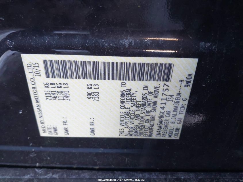 2016 Nissan Maxima 3.5 Platinum/3.5 S/3.5 Sl/3.5 Sr/3.5 Sv VIN: 1N4AA6AP8GC411757 Lot: 43904358