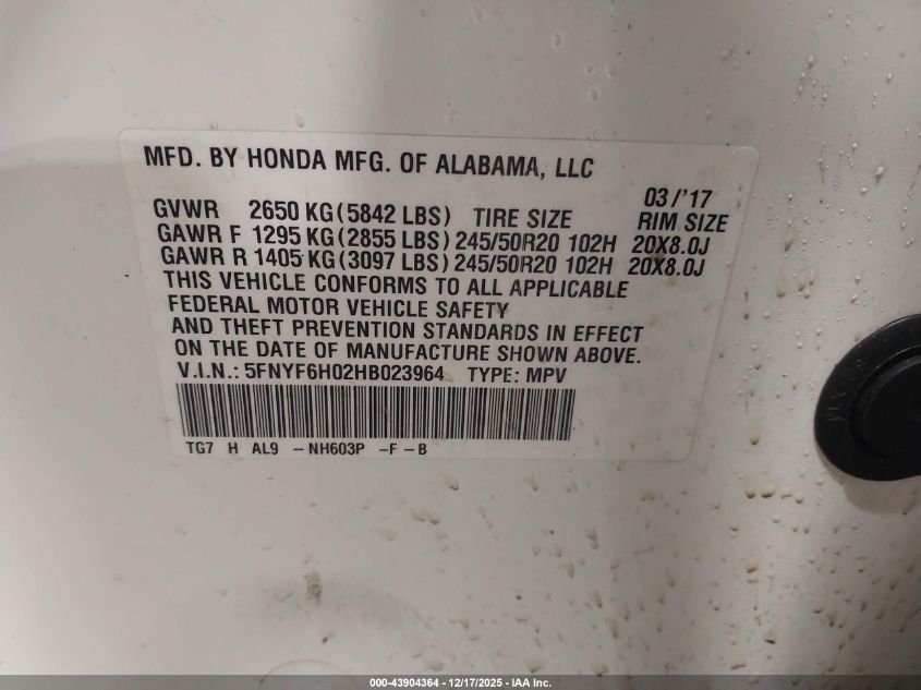 2017 Honda Pilot Elite VIN: 5FNYF6H02HB023964 Lot: 43904364