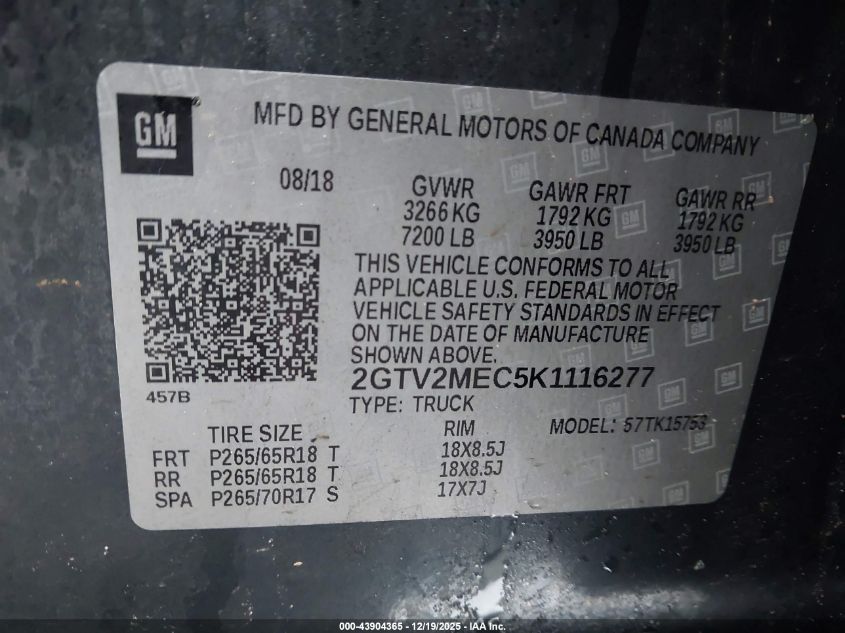 2019 GMC Sierra 1500 Limited Sle VIN: 2GTV2MEC5K1116277 Lot: 43904365