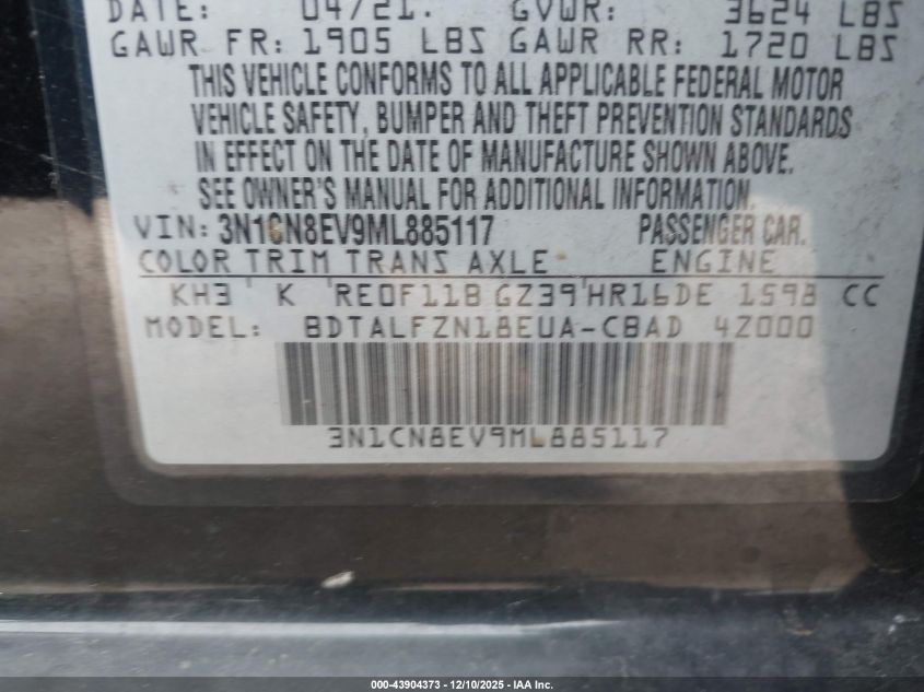 2021 Nissan Versa Sv Xtronic Cvt VIN: 3N1CN8EV9ML885117 Lot: 43904373