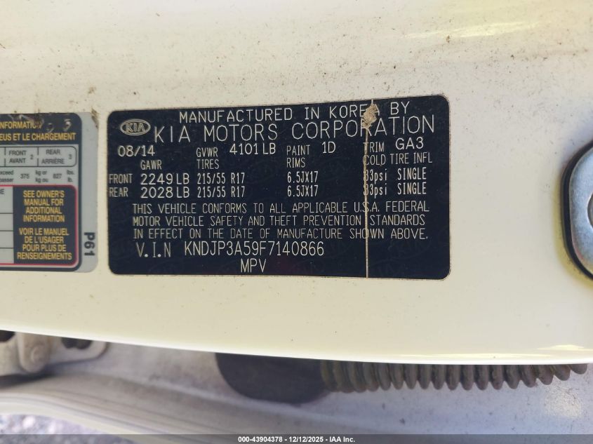 2015 Kia Soul + VIN: KNDJP3A59F7140866 Lot: 43904378