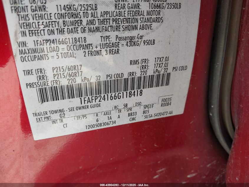 2006 Ford Five Hundred Sel VIN: 1FAFP24166G118418 Lot: 43904393