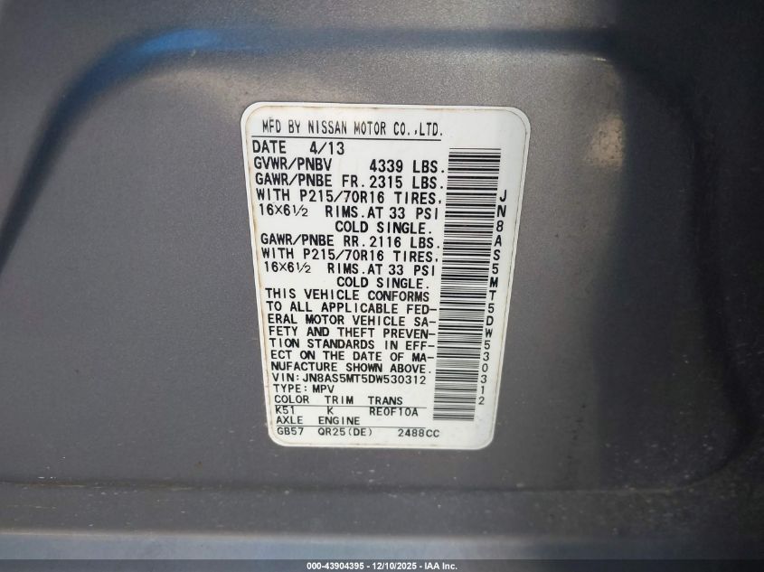 2013 Nissan Rogue S VIN: JN8AS5MT5DW530312 Lot: 43904395