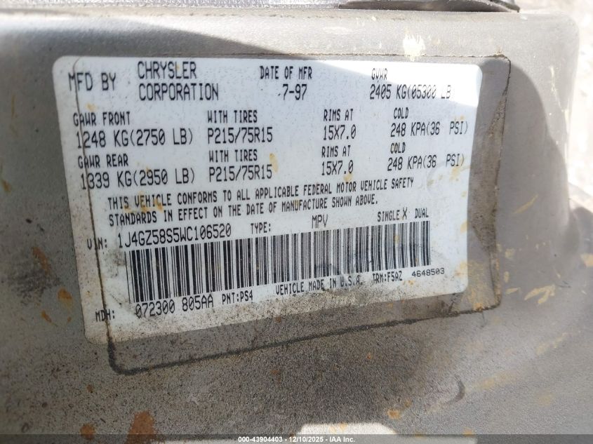 1998 Jeep Grand Cherokee Laredo VIN: 1J4GZ58S5WC106520 Lot: 43904403