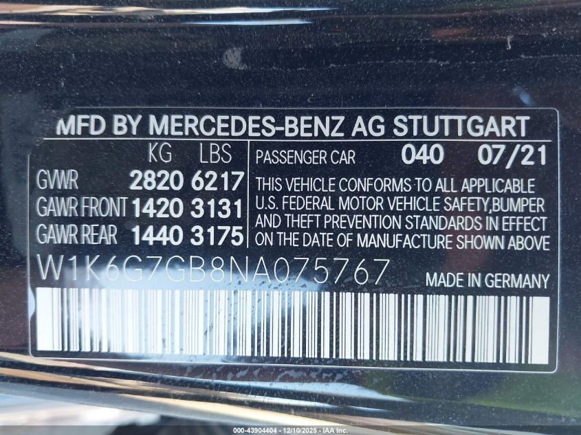 2022 Mercedes-Benz S 580 4Matic VIN: W1K6G7GB8NA075767 Lot: 43904404