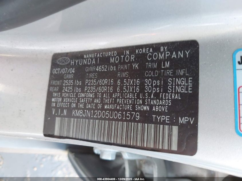 2005 Hyundai Tucson Gls/Lx VIN: KM8JN12D05U061579 Lot: 43904406