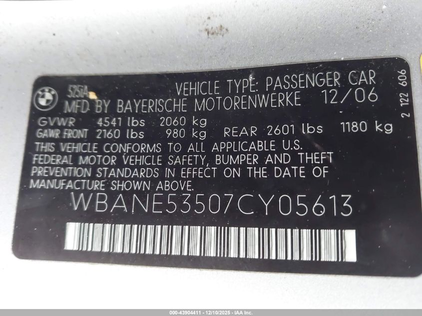 2007 BMW 525I VIN: WBANE53507CY05613 Lot: 43904411
