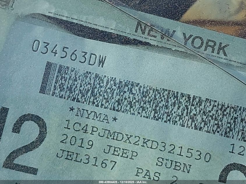 2019 Jeep Cherokee Limited 4X4 VIN: 1C4PJMDX2KD321530 Lot: 43904425