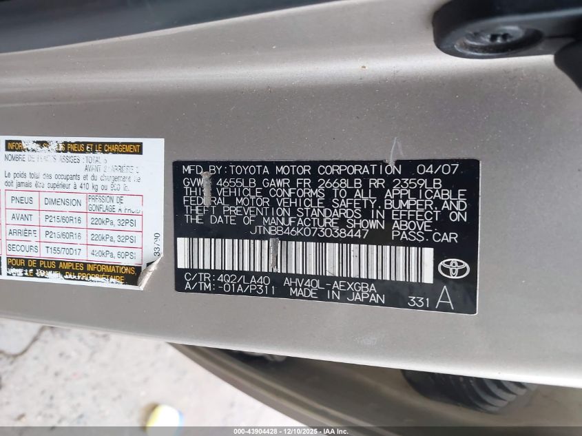 2007 Toyota Camry Hybrid VIN: JTNBB46K073038447 Lot: 43904428