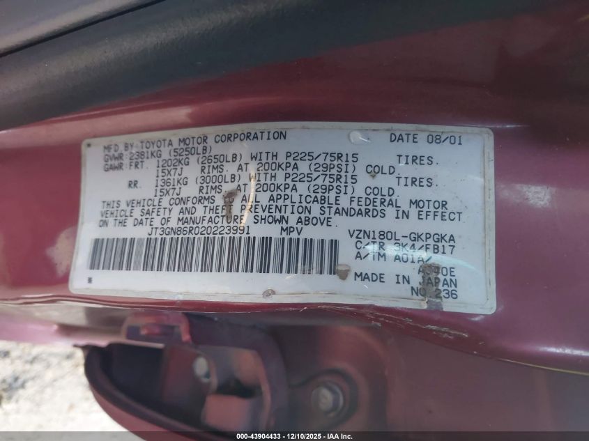 2002 Toyota 4Runner Sr5 V6 VIN: JT3GN86R020223991 Lot: 43904433