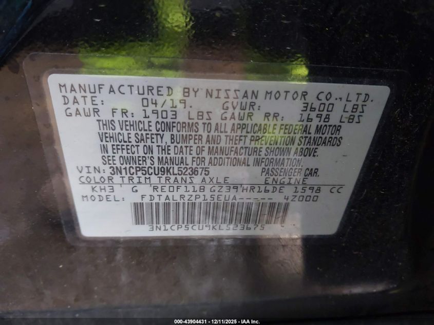 2019 Nissan Kicks S VIN: 3N1CP5CU9KL523675 Lot: 43904431