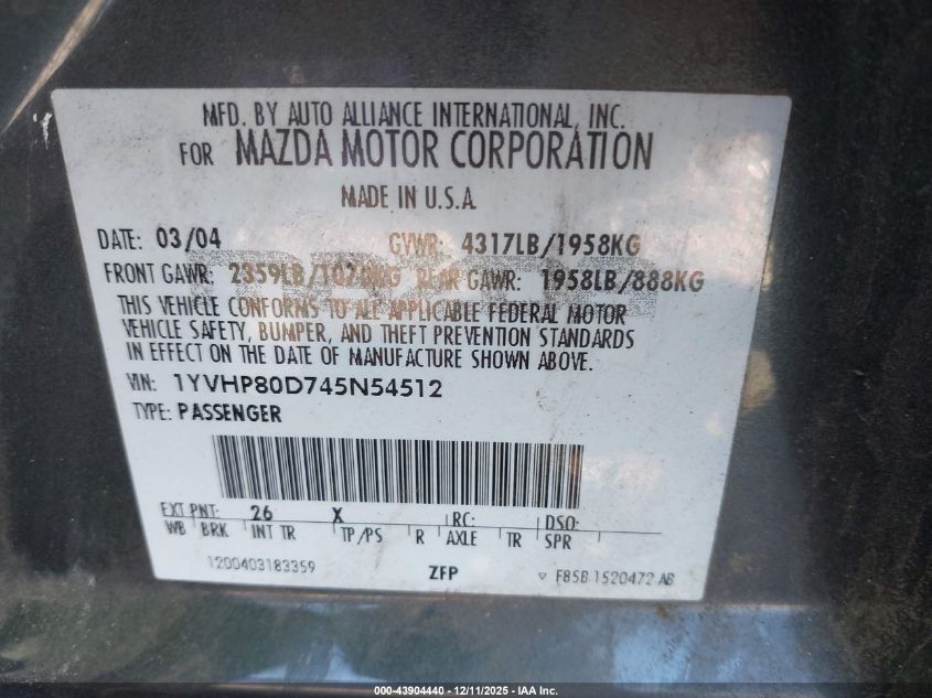 2004 Mazda Mazda6 S VIN: 1YVHP80D745N54512 Lot: 43904440