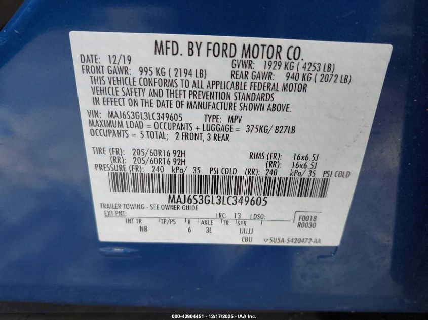 2020 Ford Ecosport Se VIN: MAJ6S3GL3LC349605 Lot: 43904451