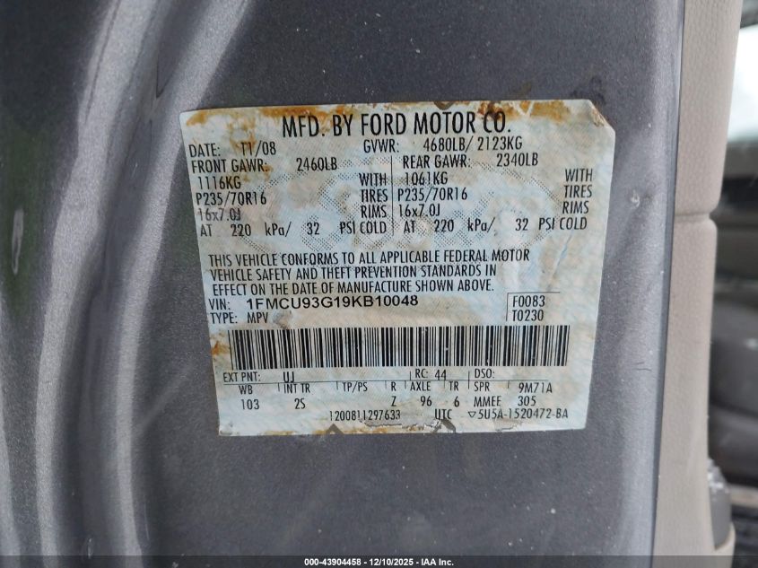 2009 Ford Escape Xlt VIN: 1FMCU93G19KB10048 Lot: 43904458